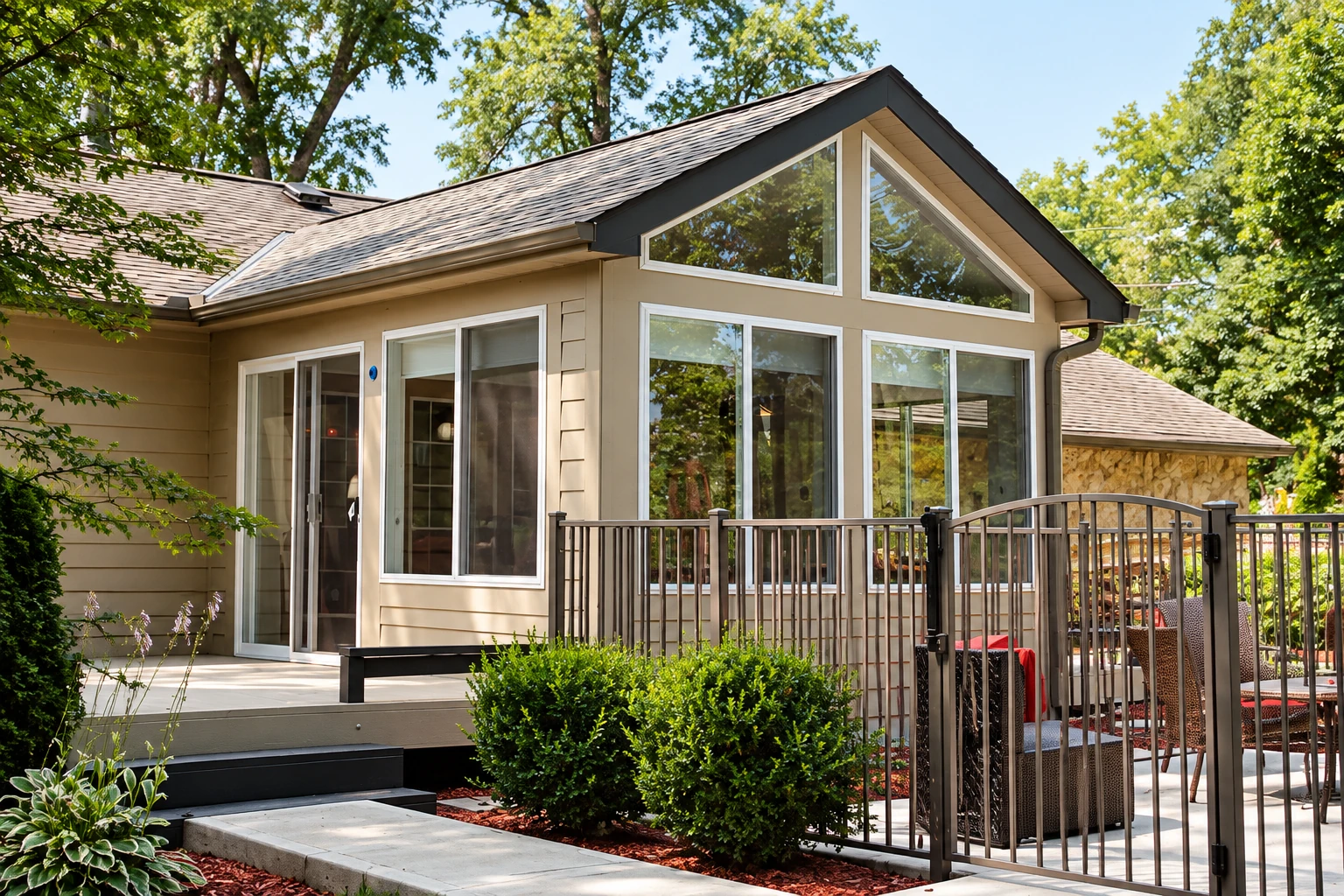 A beige all-season room with a steep gabled roof and large windows opens onto a fenced patio surrounded by trees.
