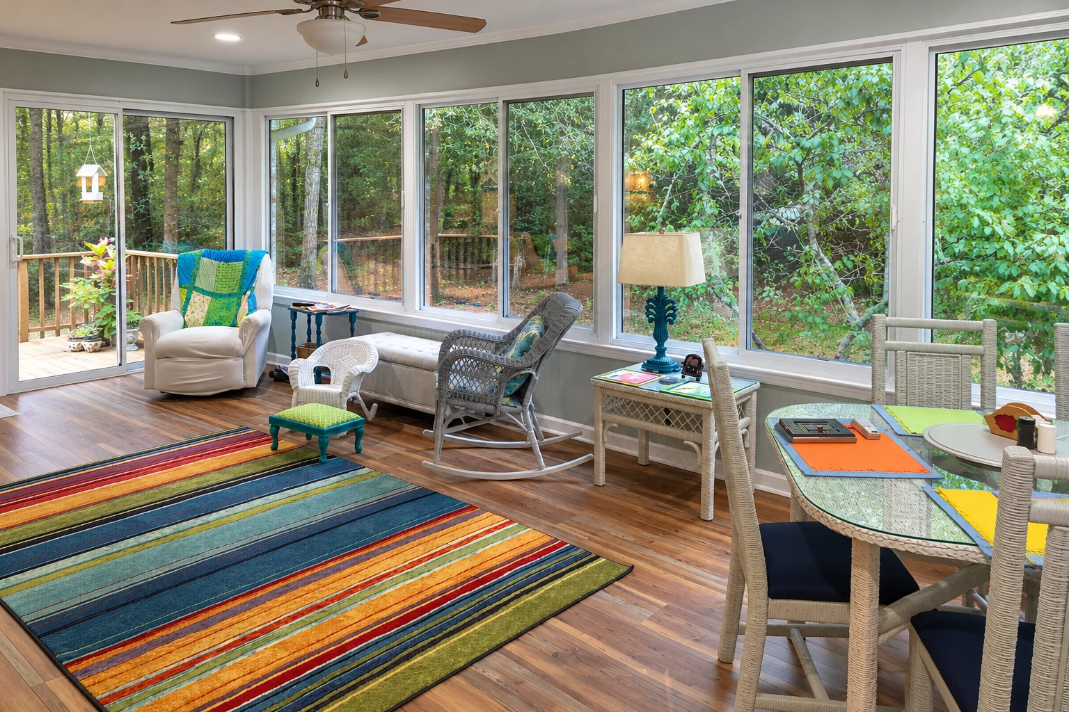 Enclosed deck converted into a sunroom, furnished with seating, a dining table, and a colorful striped rug.