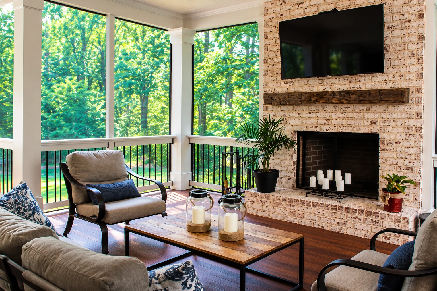 Furnished sunroom with tall screened windows, a brick fireplace, mounted television and views of leafy trees.