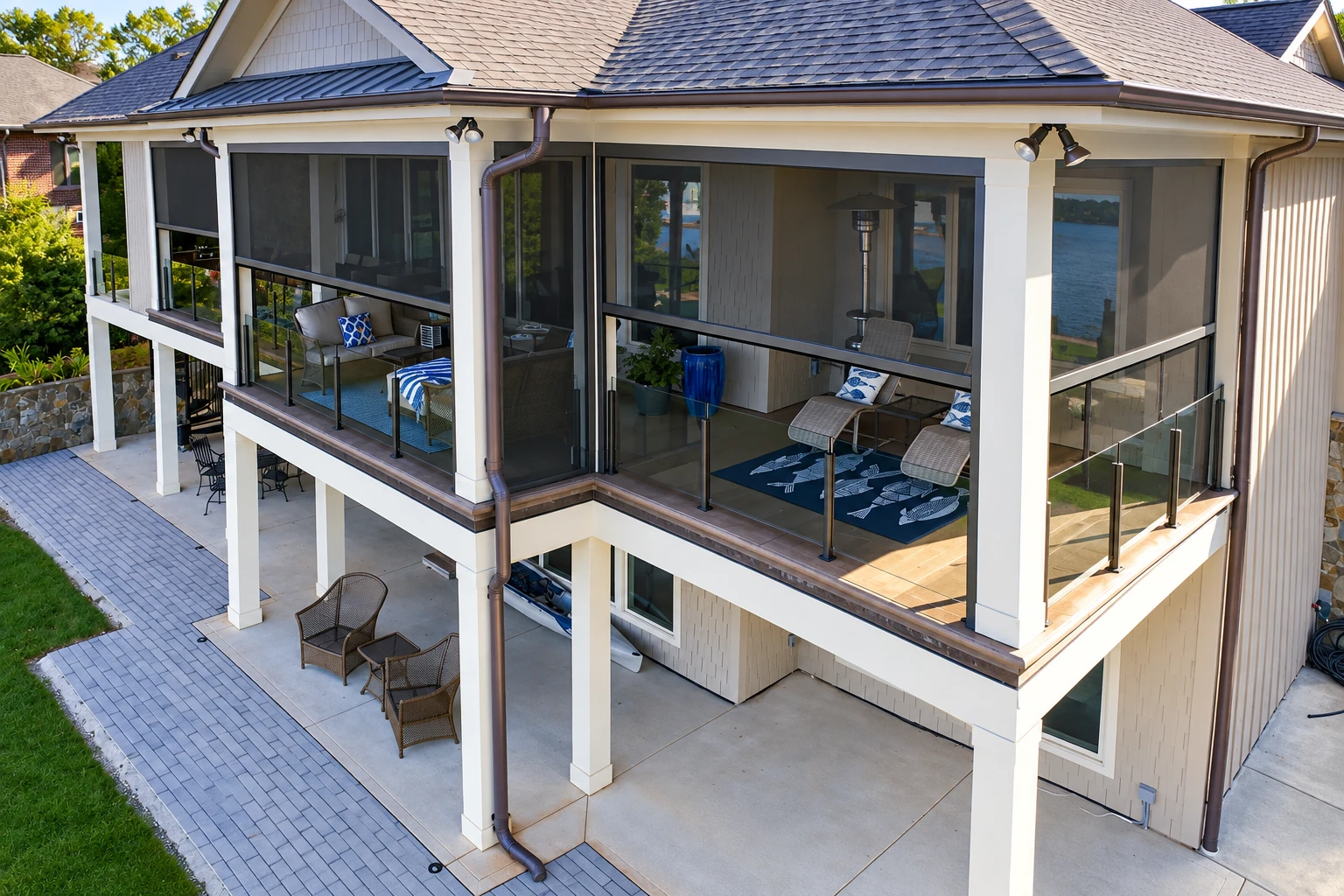 Enclosed patio room with screened walls, furnished seating areas, and views of a lake from a two-story home.