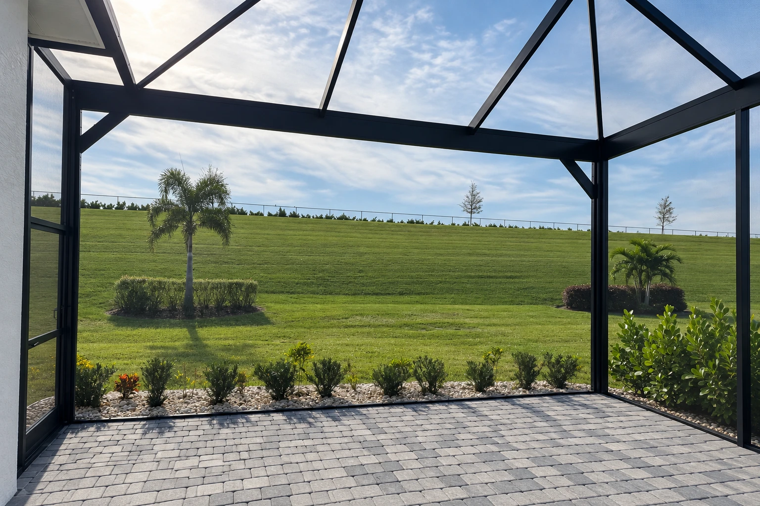 Enclosed patio room with dark framing, screened walls, a paved floor and views across a landscaped lawn.