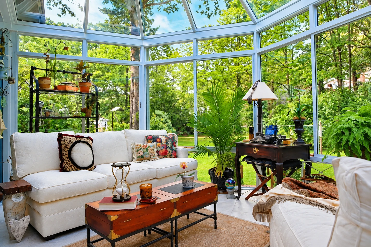 A bright four-season sunroom with glass walls and ceiling has white sofas, potted plants, and a wooden desk.