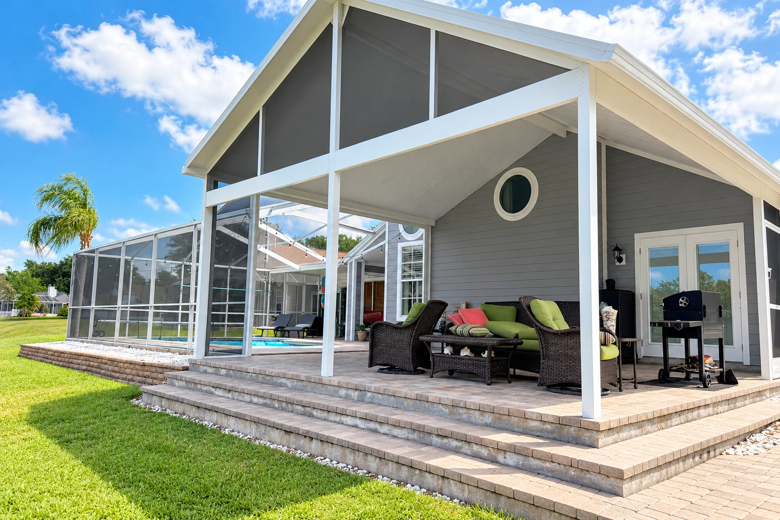 Covered patio with a high white roof, screened sides, and wicker seating beside a house and pool.