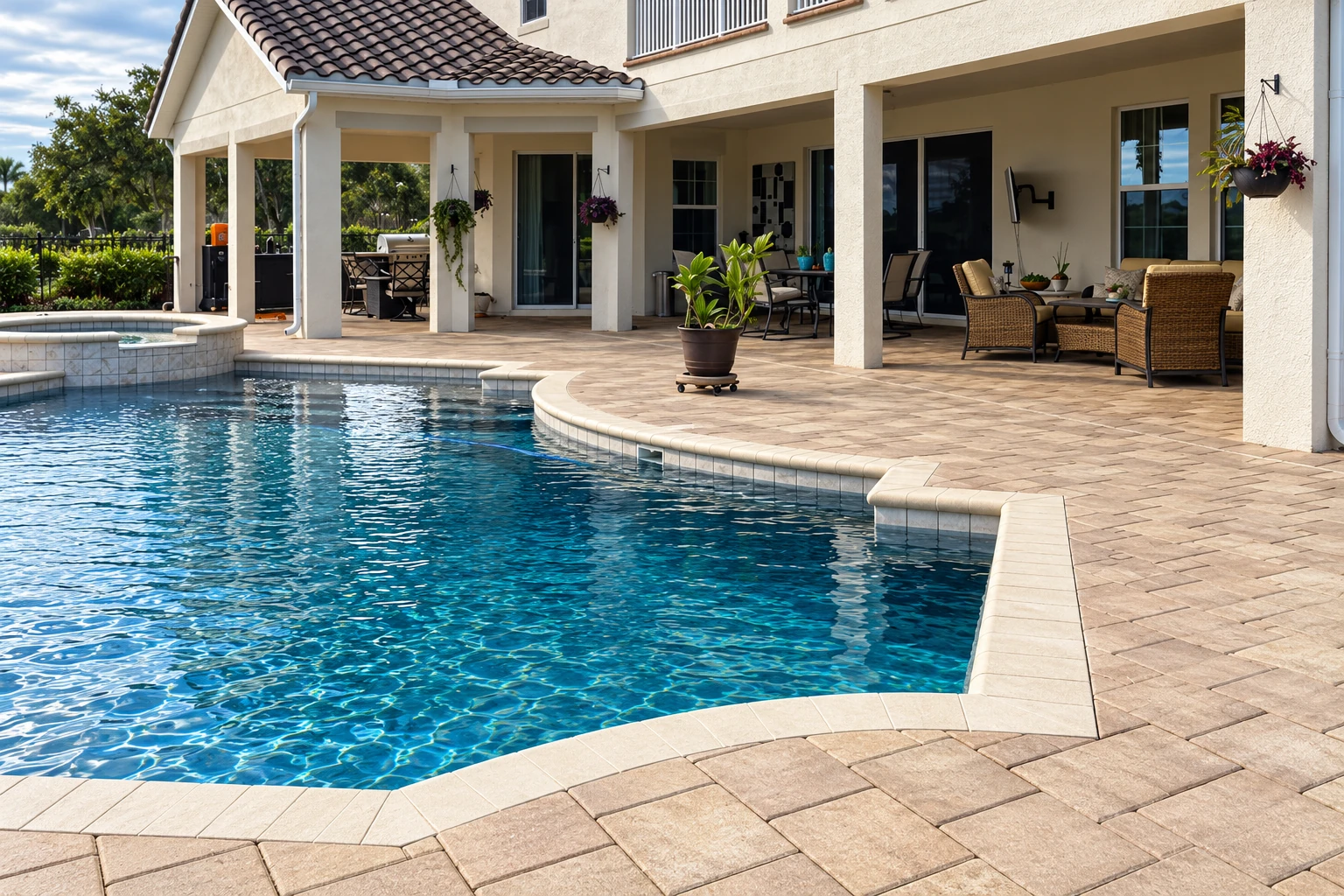 A covered patio beside a swimming pool features pale columns, a tiled deck and outdoor seating.