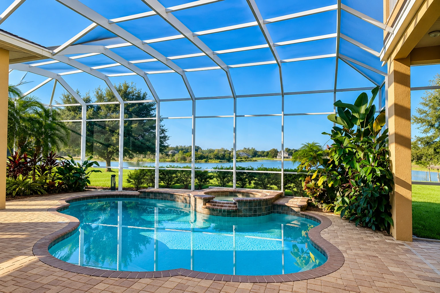 Patio enclosure with a white metal frame surrounding a swimming pool and spa, with tropical plants and a lake beyond.