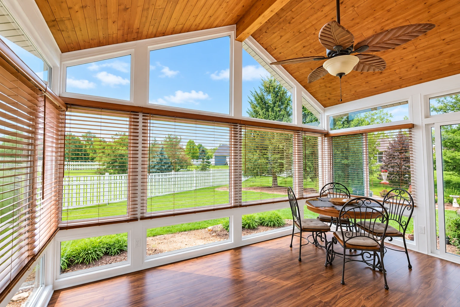 Bright sunroom with a wood-paneled vaulted ceiling, wide windows with blinds, and a dining table.