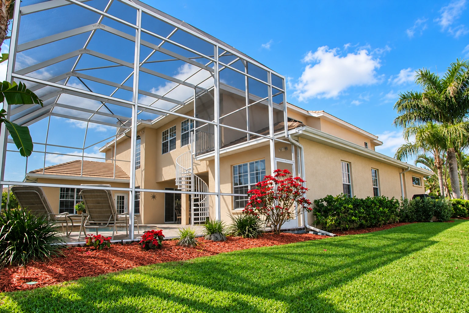Large screened patio enclosure beside a two-story house, with a metal frame, lawn, and tropical landscaping.