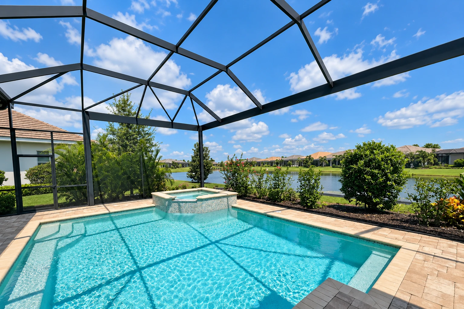 Screen room enclosure over a backyard pool, with a black metal frame, mesh walls and a raised spa beside a lake.