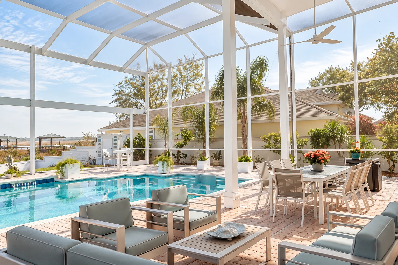 White-framed solarium enclosure with a glass roof shelters a poolside patio, lounge chairs, and dining table.