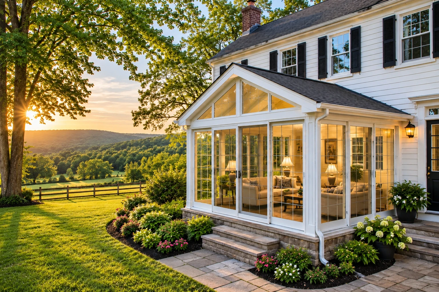 A white sunroom addition with a peaked glass front extends from a two-story house overlooking a wooded valley at sunset.