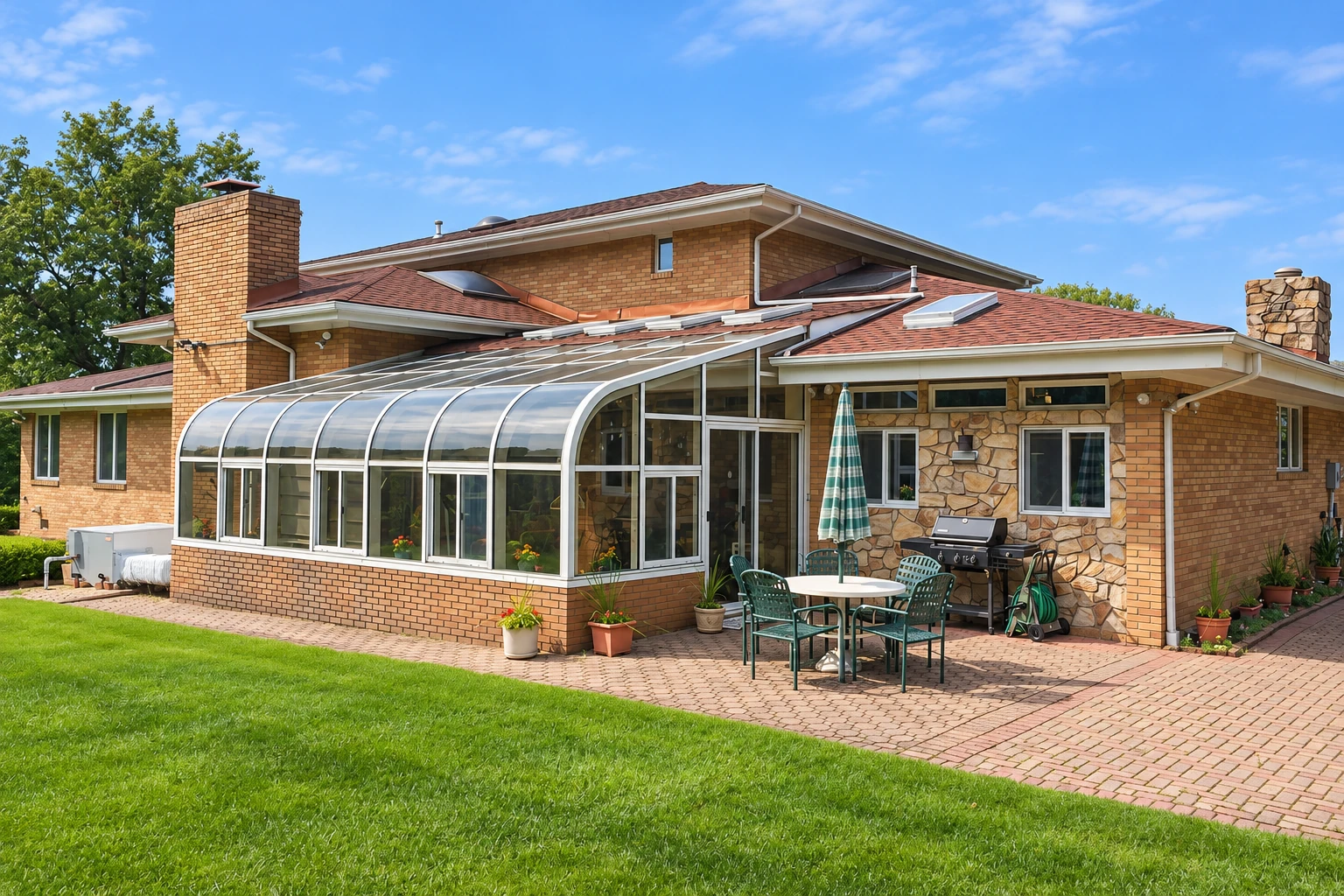 Brick home with a curved glass sunroom addition, patio furniture, and a paved outdoor seating area.