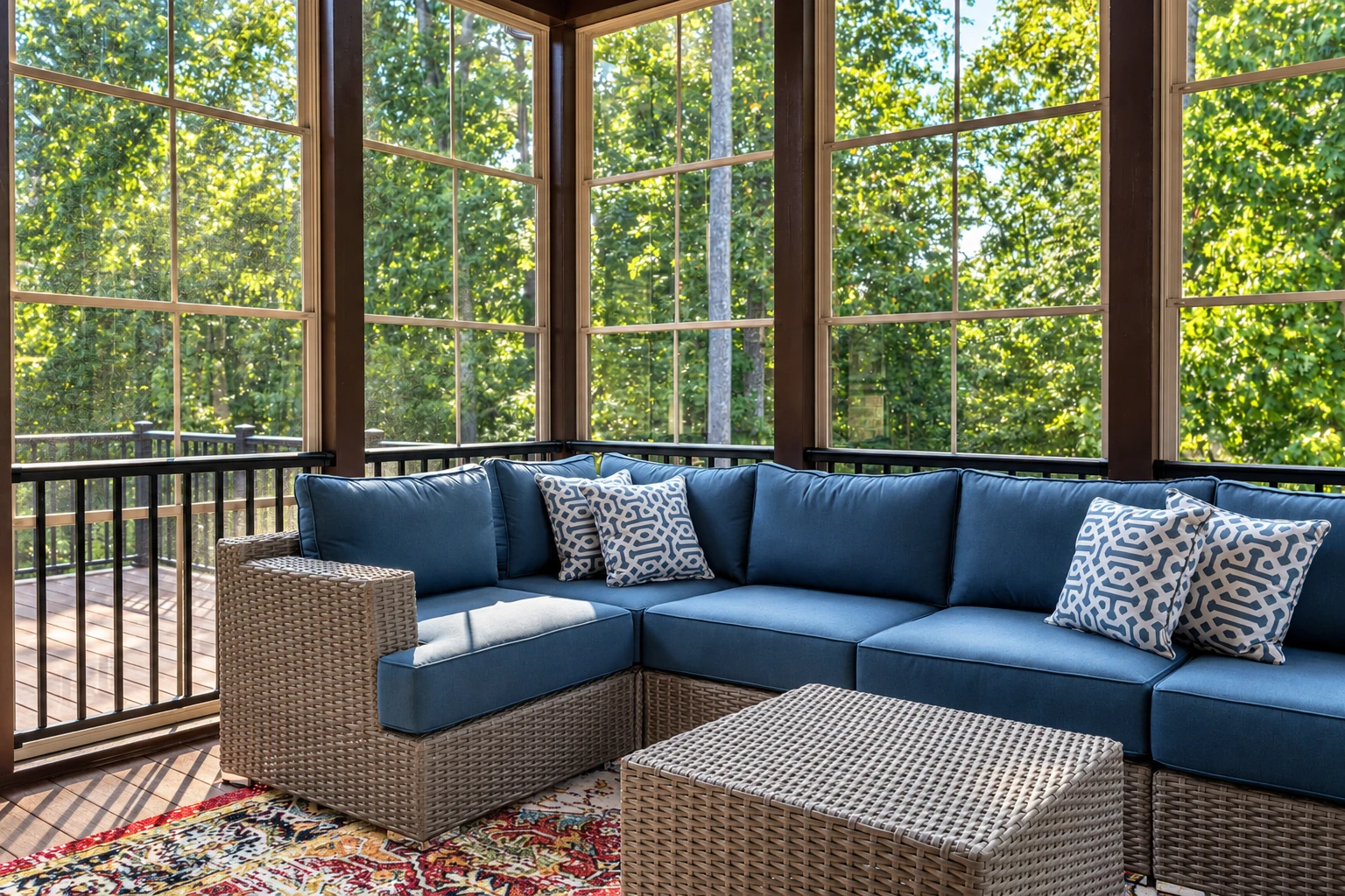 Sunroom with floor-to-ceiling windows, a blue sectional sofa, and views of leafy trees.