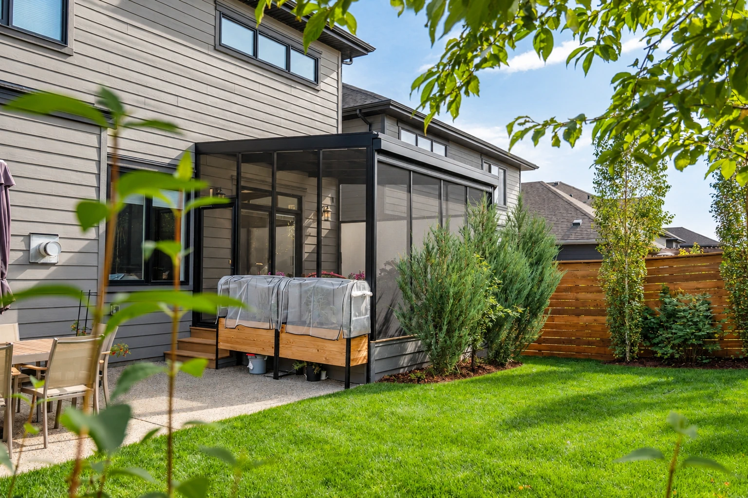 A dark-framed three-season sunroom with screened walls extends from a gray house beside a fenced lawn.