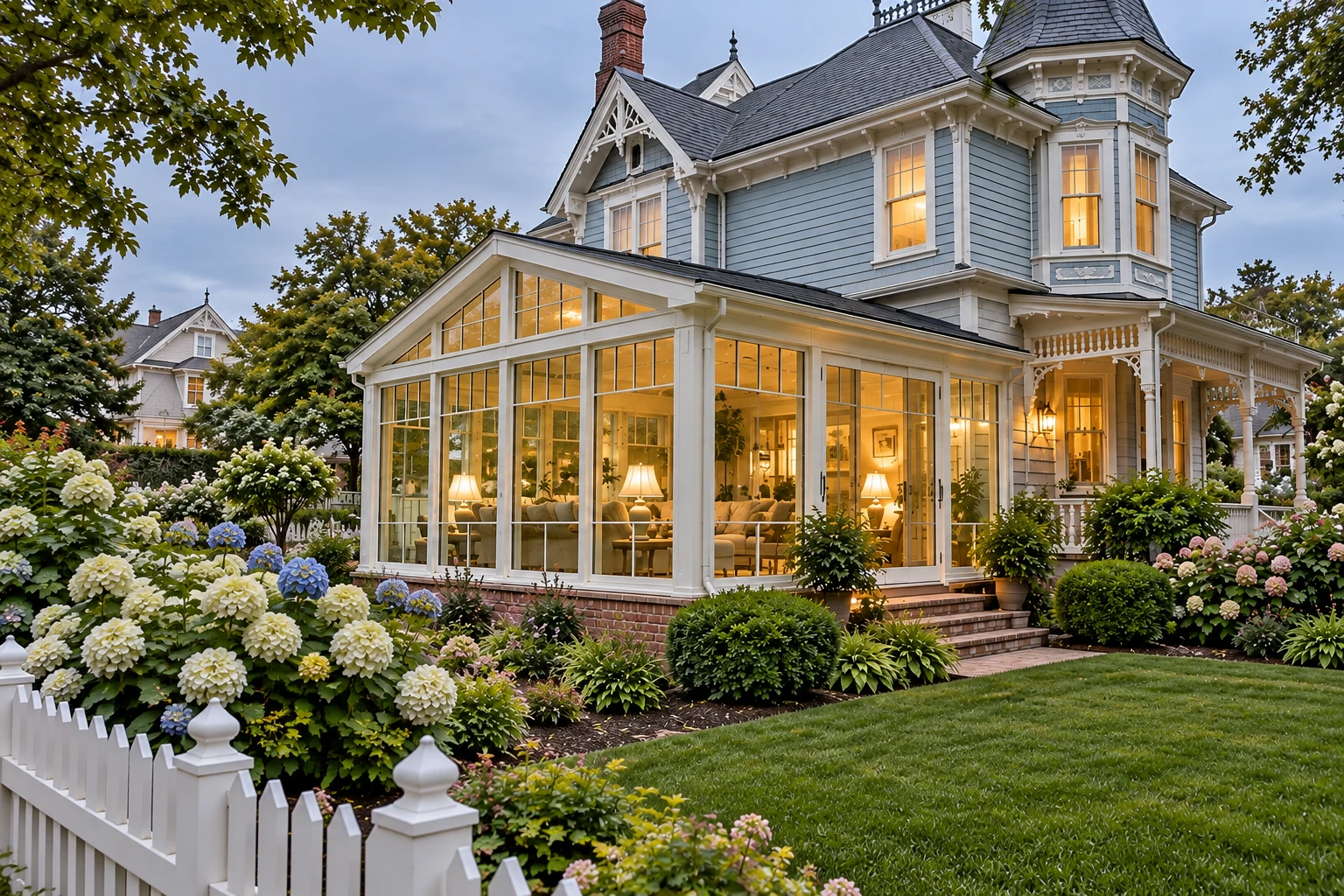 Vinyl sunroom addition with white framing glows at dusk beside a blue-gray Victorian house and flower-filled garden.